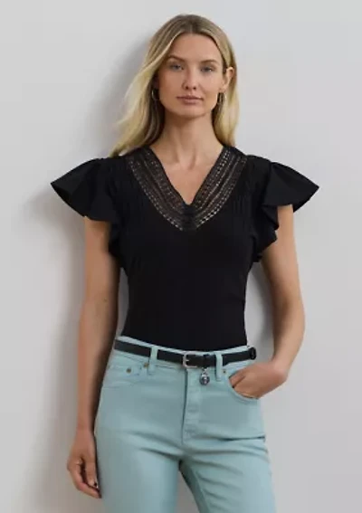 Lace Trim Jersey Flutter Sleeve T-Shirt