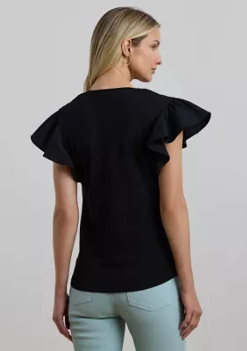 Lace Trim Jersey Flutter Sleeve T-Shirt
