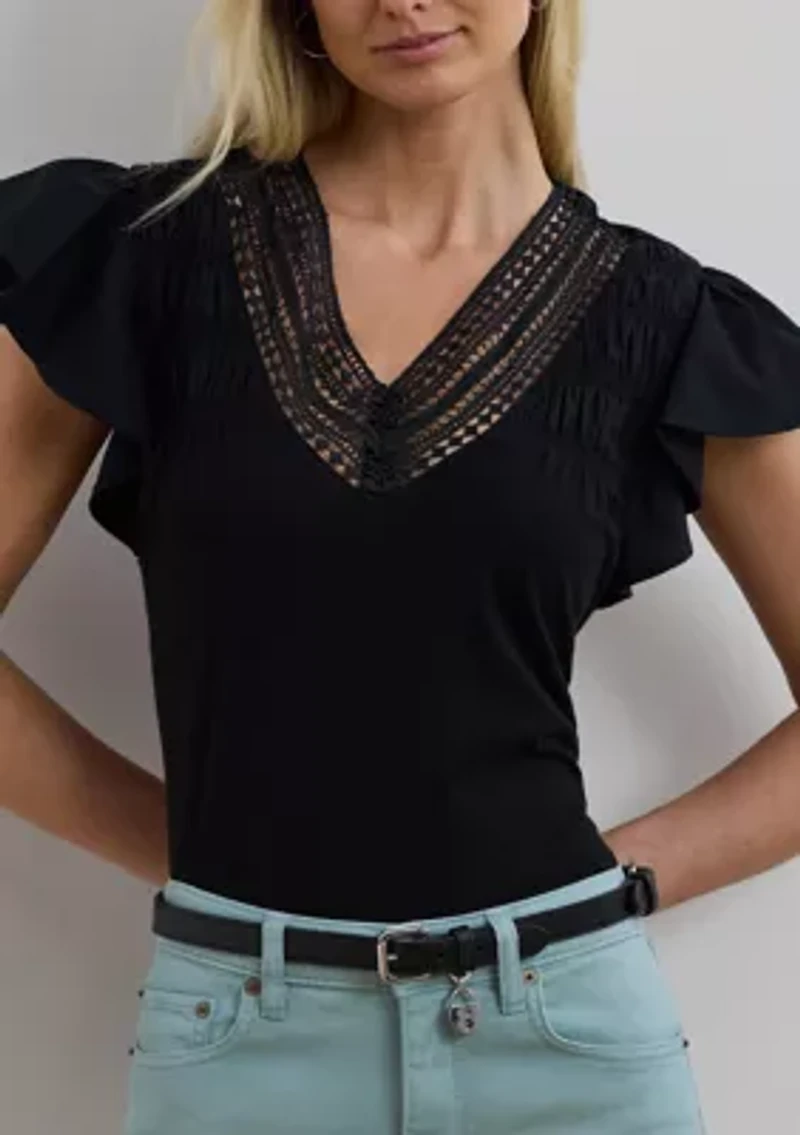 Lace Trim Jersey Flutter Sleeve T-Shirt