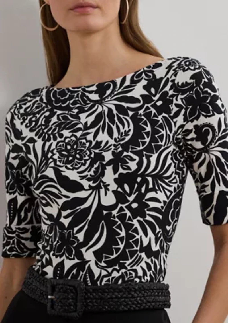 Floral Stretch Cotton Boat Neck T-Shirt