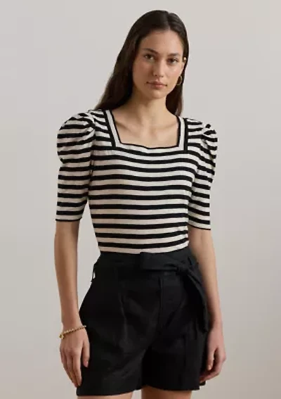 Striped Cotton Jersey Puff Sleeve T-Shirt