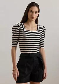 Striped Cotton Jersey Puff Sleeve T-Shirt
