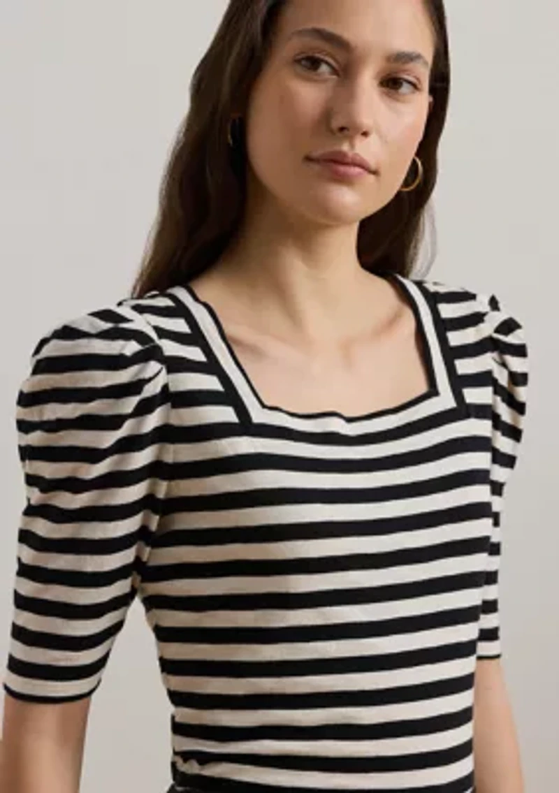 Striped Cotton Jersey Puff Sleeve T-Shirt