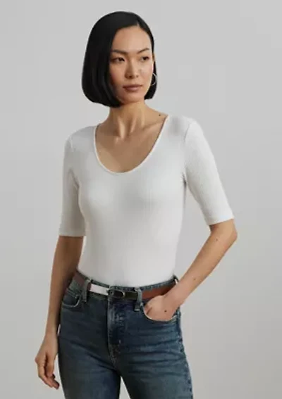 Rib Knit Cotton Blend Elbow Sleeve T-Shirt