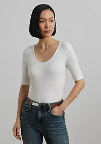Rib Knit Cotton Blend Elbow Sleeve T-Shirt