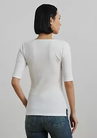 Rib Knit Cotton Blend Elbow Sleeve T-Shirt