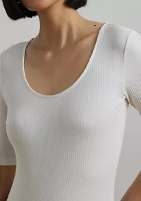 Rib Knit Cotton Blend Elbow Sleeve T-Shirt