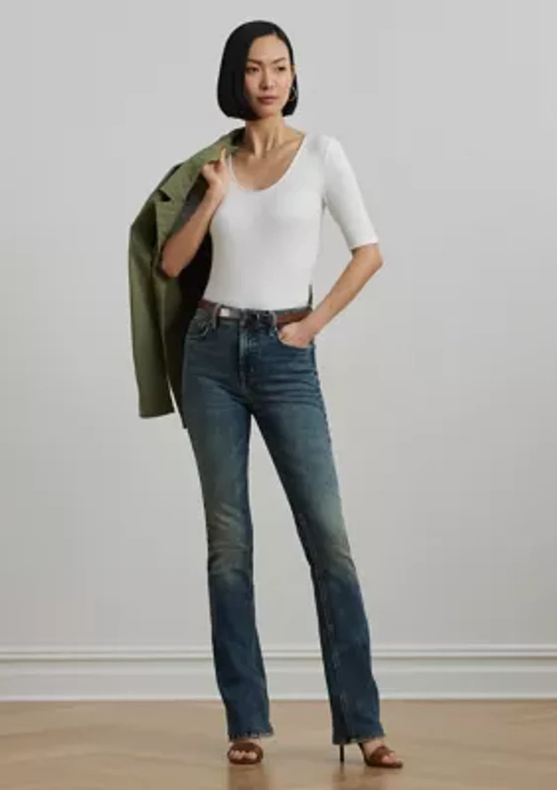 Rib Knit Cotton Blend Elbow Sleeve T-Shirt