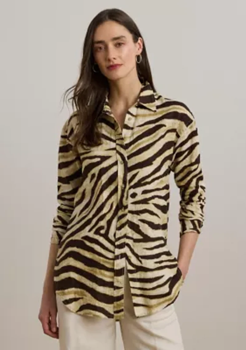 Women's Relaxed Fit Zebra-Print Linen Shirt