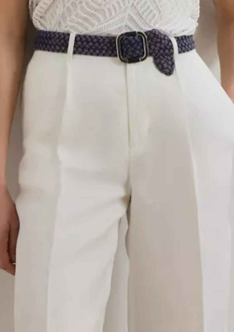 Pleated Linen Blend Twill Wide Leg Pants
