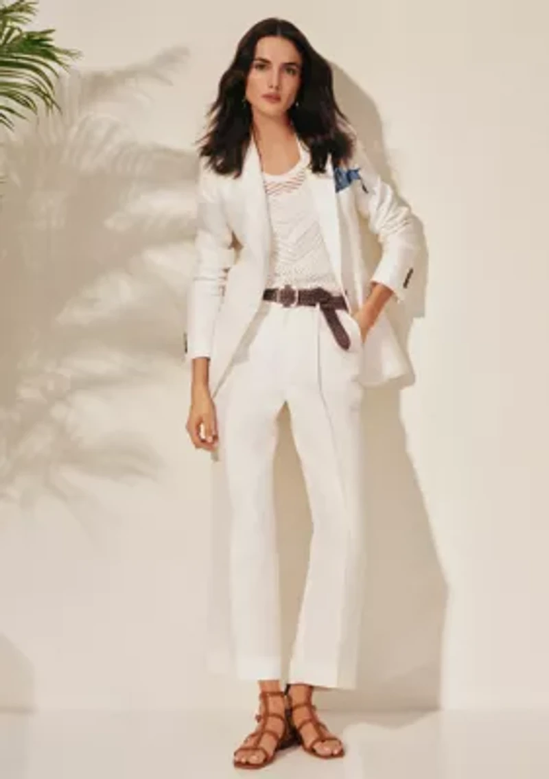 Pleated Linen Blend Twill Wide Leg Pants