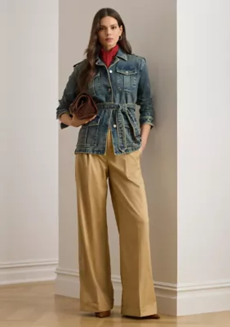 Pleated Cotton Twill Wide Leg Pants