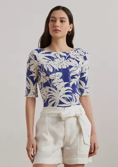 Palm Frond Print Cotton Boat Neck T-Shirt