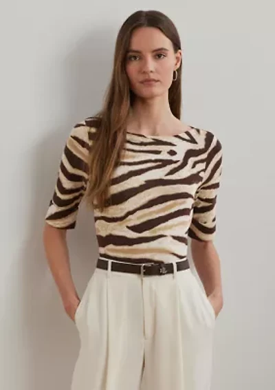 Zebra Print Stretch Cotton Boat Neck T-Shirt