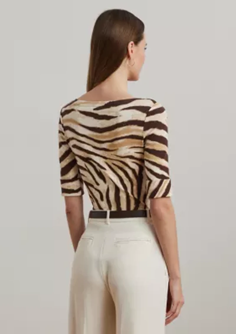 Zebra Print Stretch Cotton Boat Neck T-Shirt