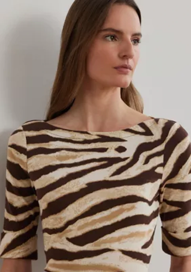 Zebra Print Stretch Cotton Boat Neck T-Shirt