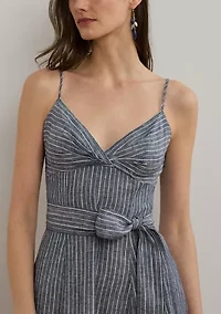 Striped Belted Linen Sleeveless Dress