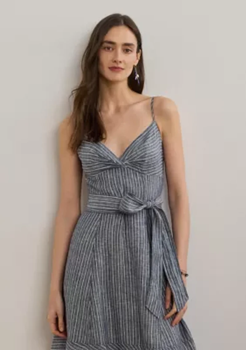 Striped Belted Linen Sleeveless Dress