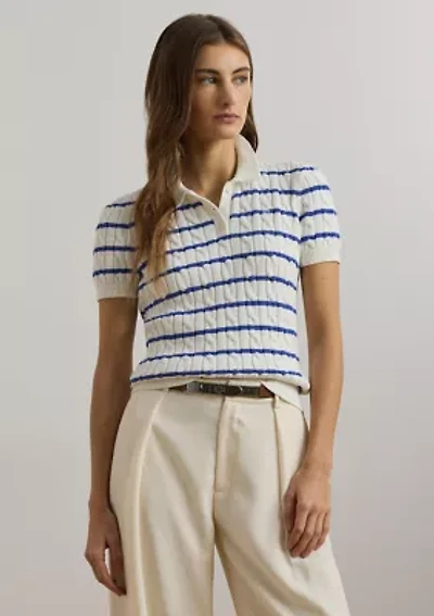 Striped Cable-Knit Cotton Polo Sweater