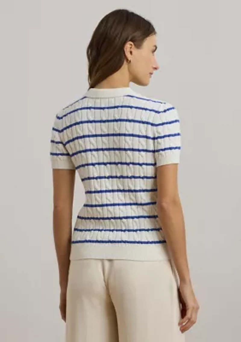 Striped Cable-Knit Cotton Polo Sweater