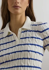 Striped Cable-Knit Cotton Polo Sweater