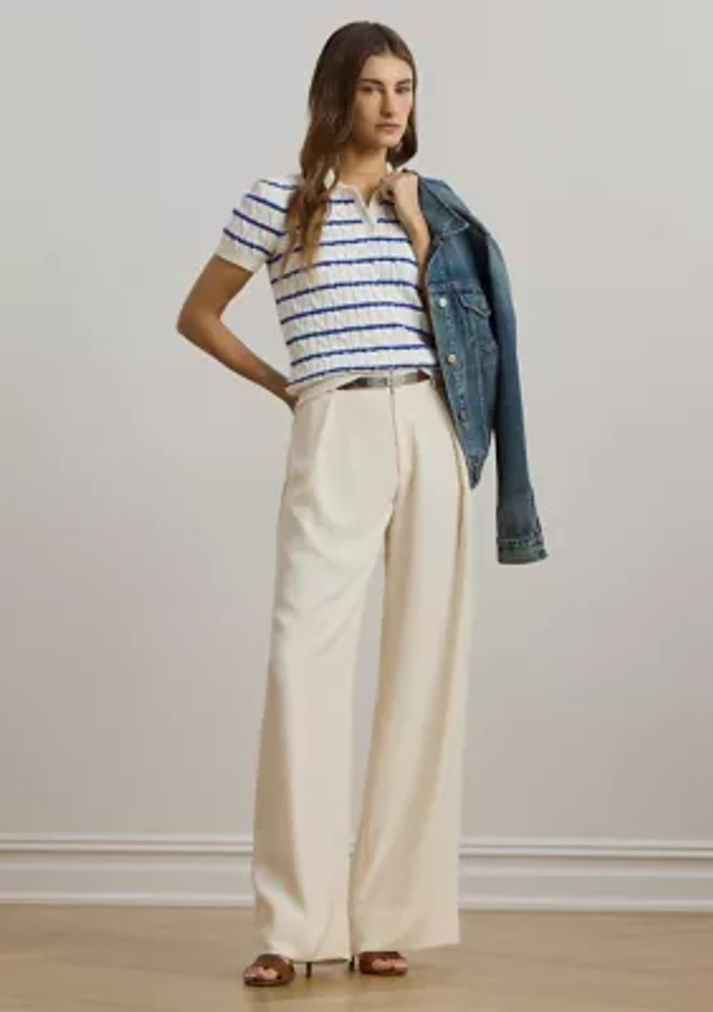 Striped Cable-Knit Cotton Polo Sweater