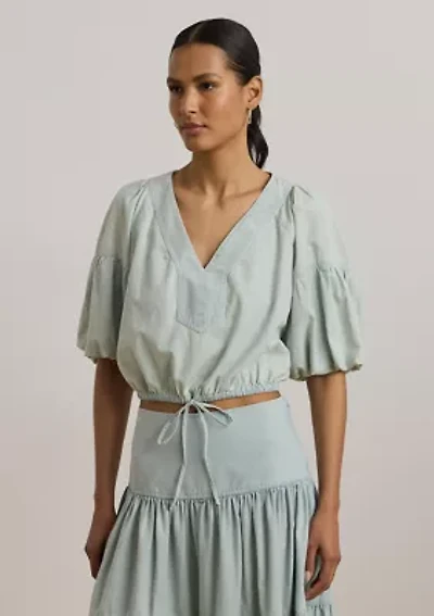 Chambray Cropped Bubble-Sleeve Blouse