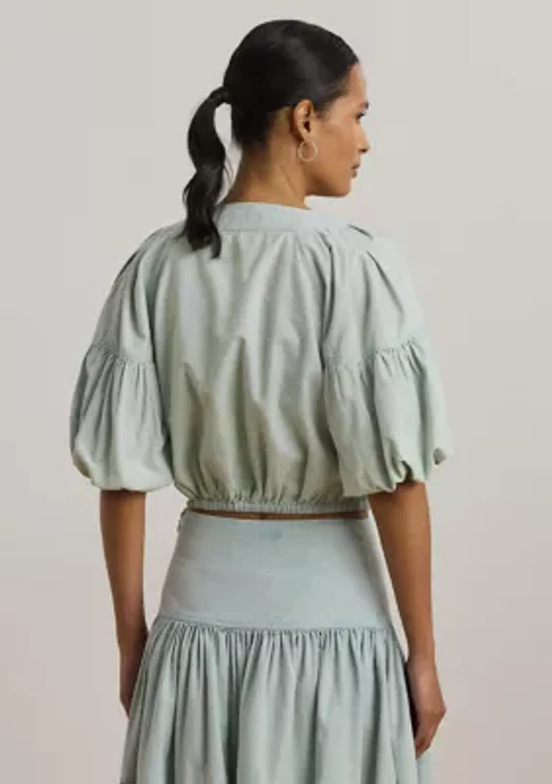 Chambray Cropped Bubble-Sleeve Blouse