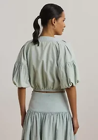 Chambray Cropped Bubble-Sleeve Blouse