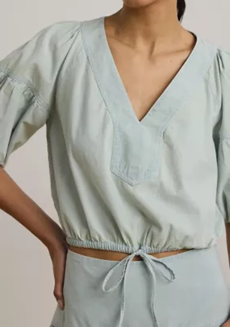 Chambray Cropped Bubble-Sleeve Blouse