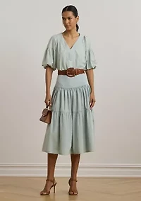 Chambray Cropped Bubble-Sleeve Blouse