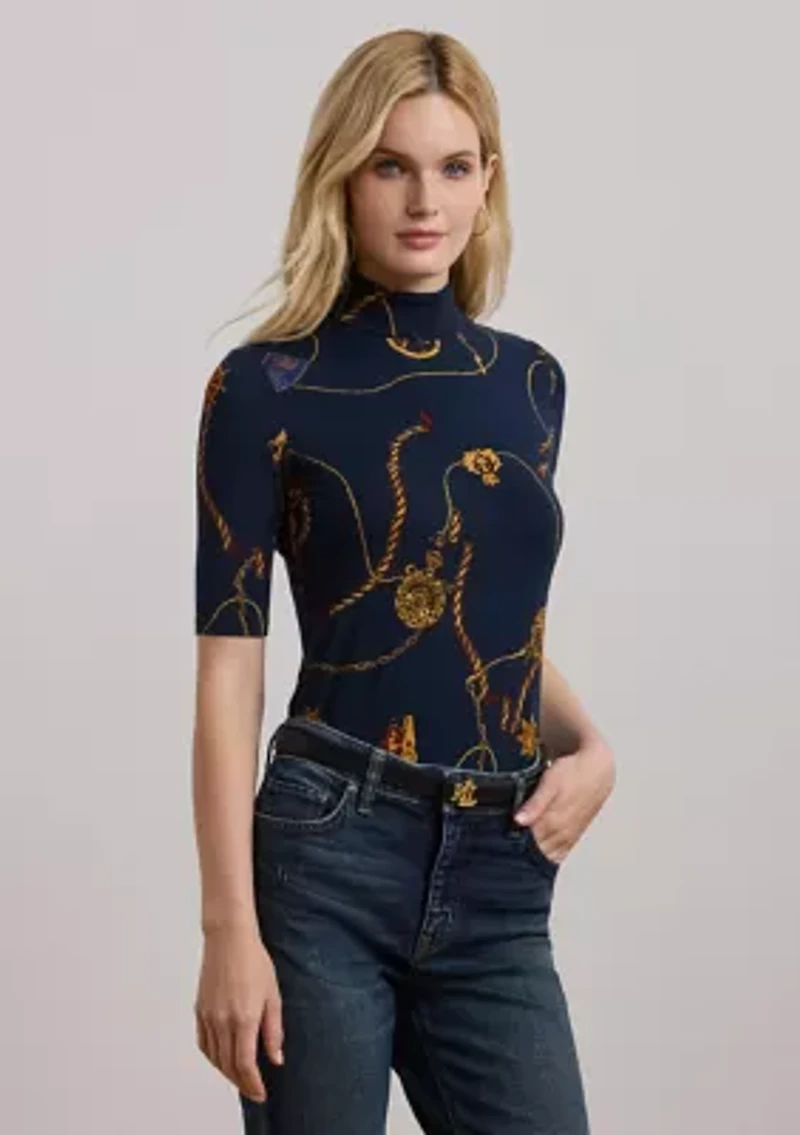 Belting-Print Stretch Jersey Turtleneck