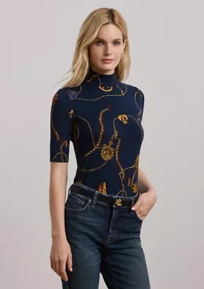 Belting-Print Stretch Jersey Turtleneck