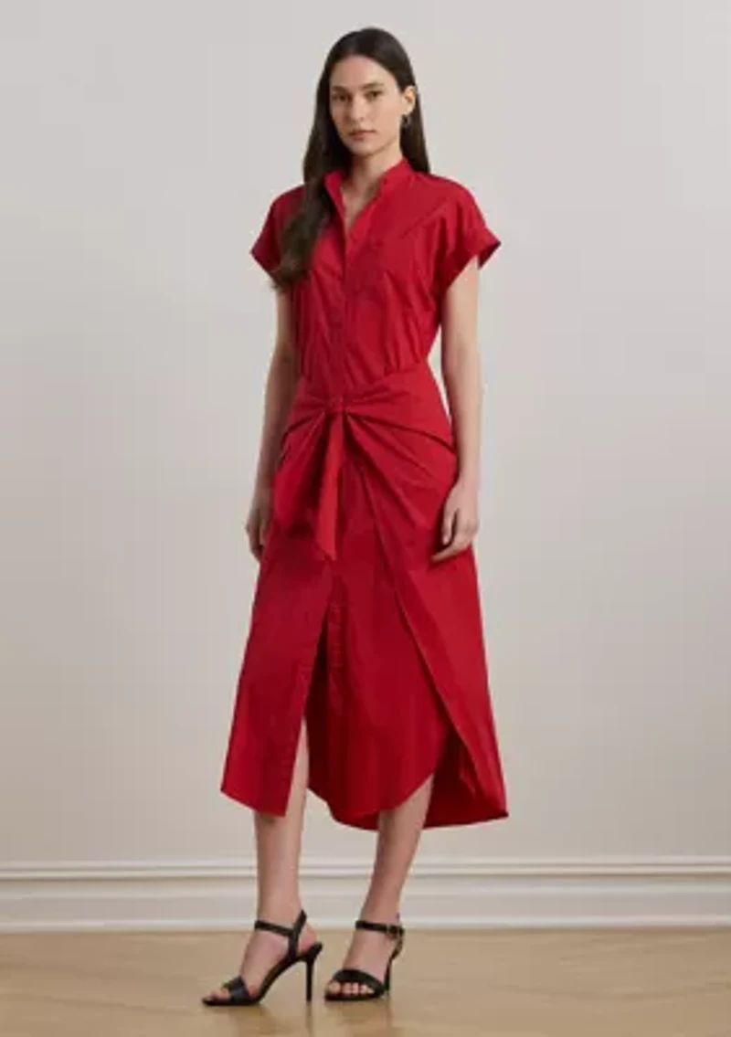 Tie Front Cotton Blend Shirtdress