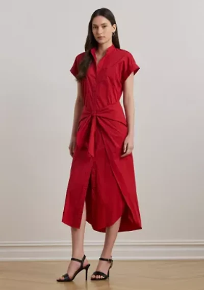 Tie Front Cotton Blend Shirtdress