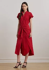 Tie Front Cotton Blend Shirtdress