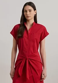 Tie Front Cotton Blend Shirtdress
