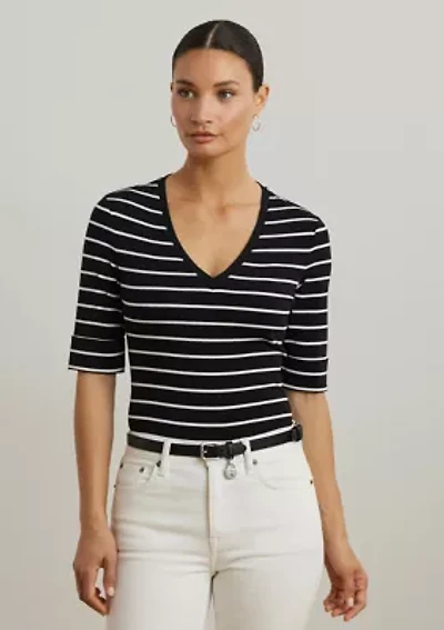 Women's Striped Cotton Elbow Sleeve V-Neck T-Shirt