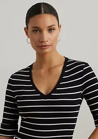 Women's Striped Cotton Elbow Sleeve V-Neck T-Shirt