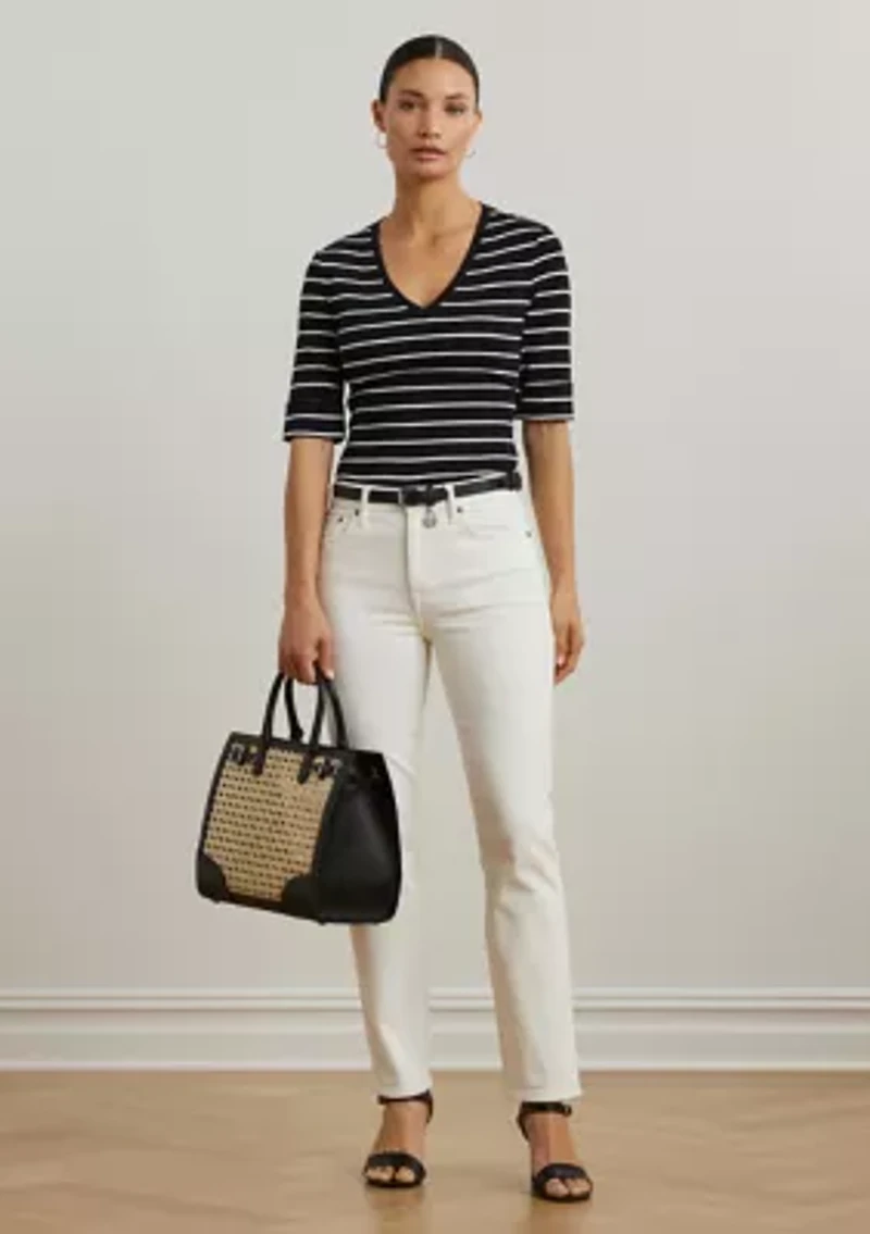 Women's Striped Cotton Elbow Sleeve V-Neck T-Shirt