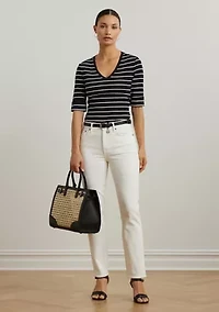 Women's Striped Cotton Elbow Sleeve V-Neck T-Shirt