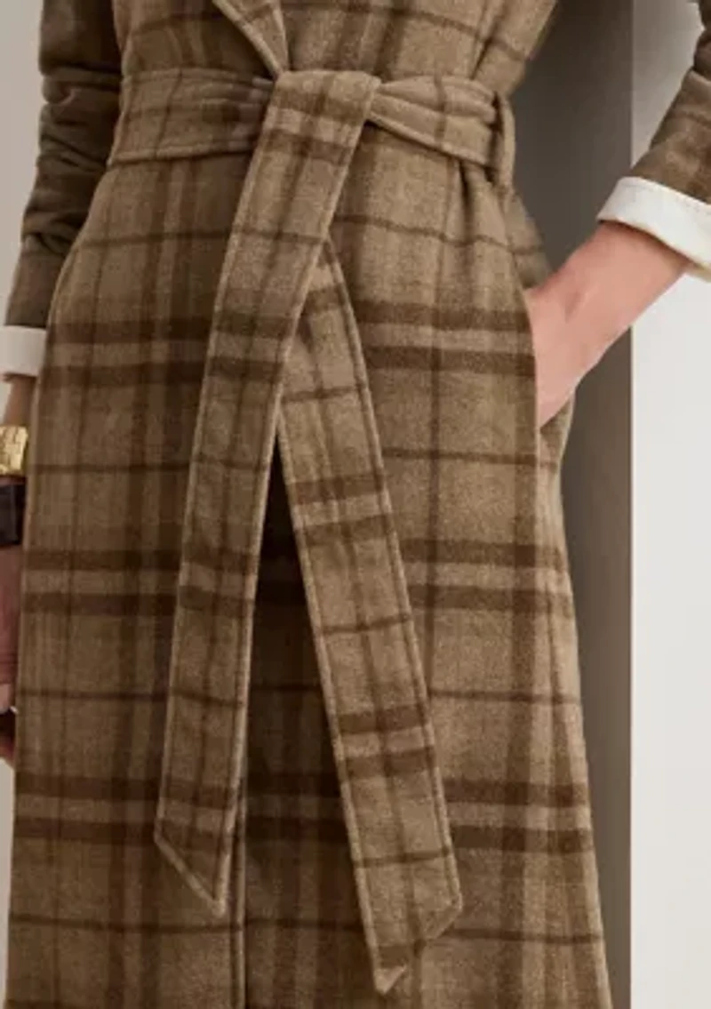 Women's Plaid Wool-Blend Twill Wrap Coat