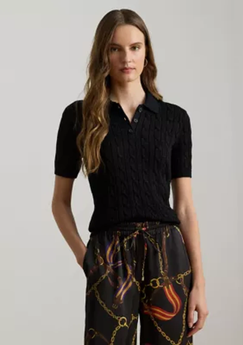 Women's Metallic Cable-Knit Polo Sweater