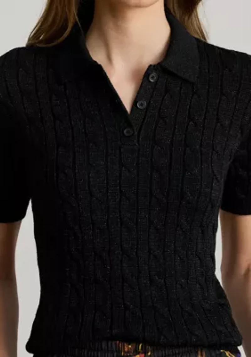 Women's Metallic Cable-Knit Polo Sweater