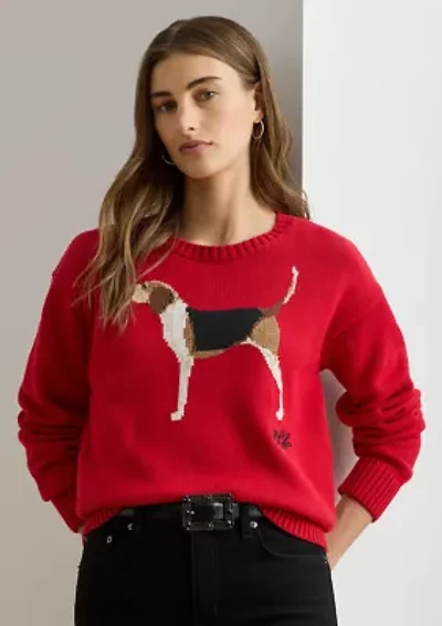 Women's Intarsia-Knit Foxhound Cotton Sweater