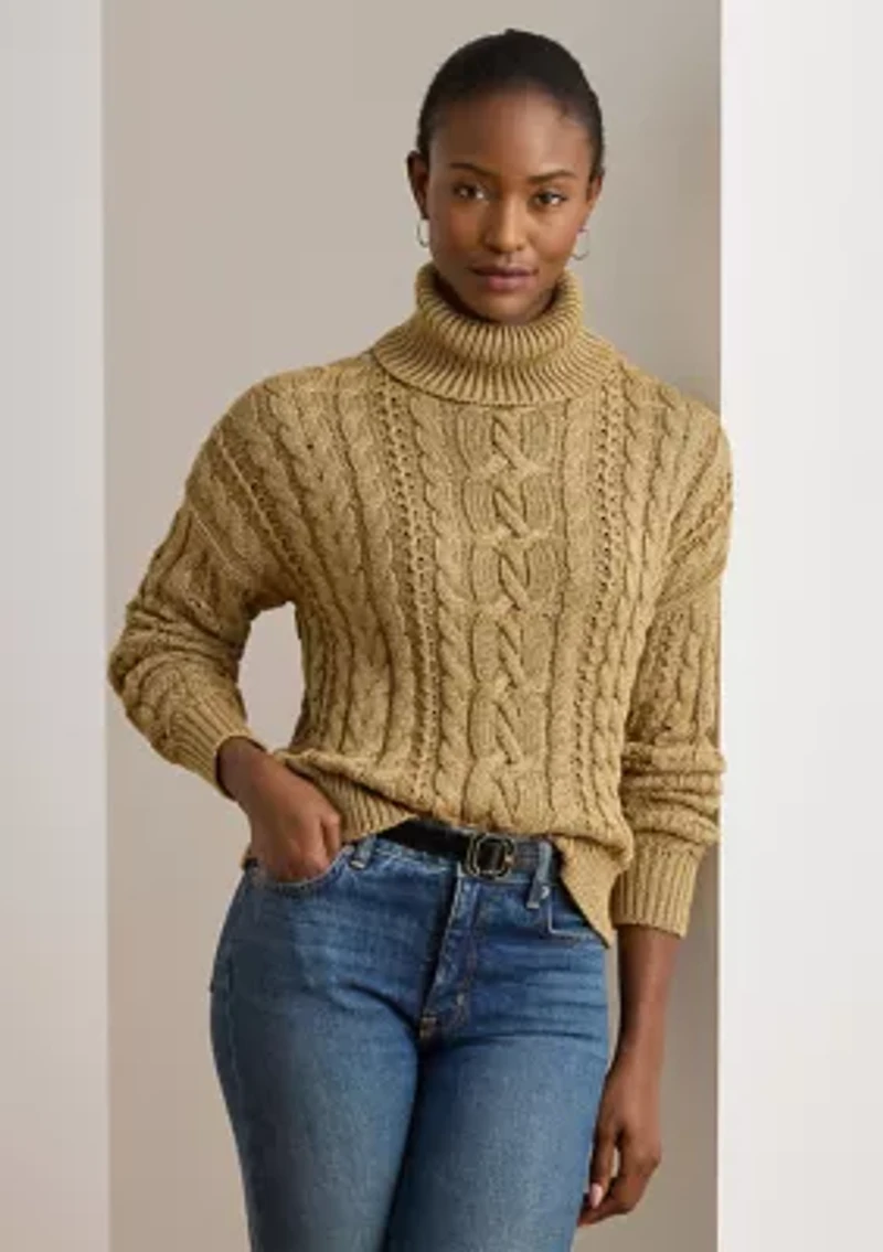 Women's Metallic Cable-Knit Turtleneck Sweater