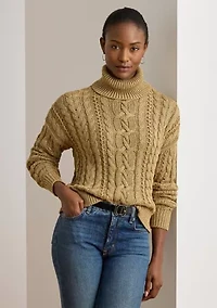 Women's Metallic Cable-Knit Turtleneck Sweater