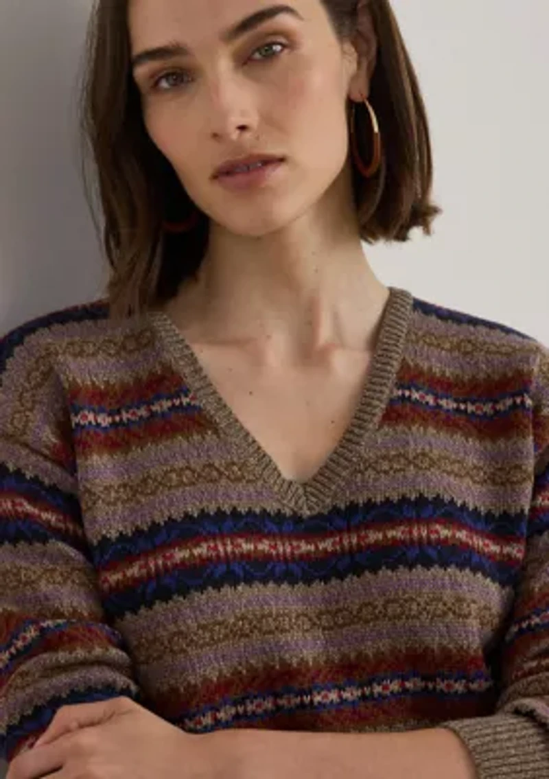 Women's Fair Isle Cotton-Linen V-Neck Sweater