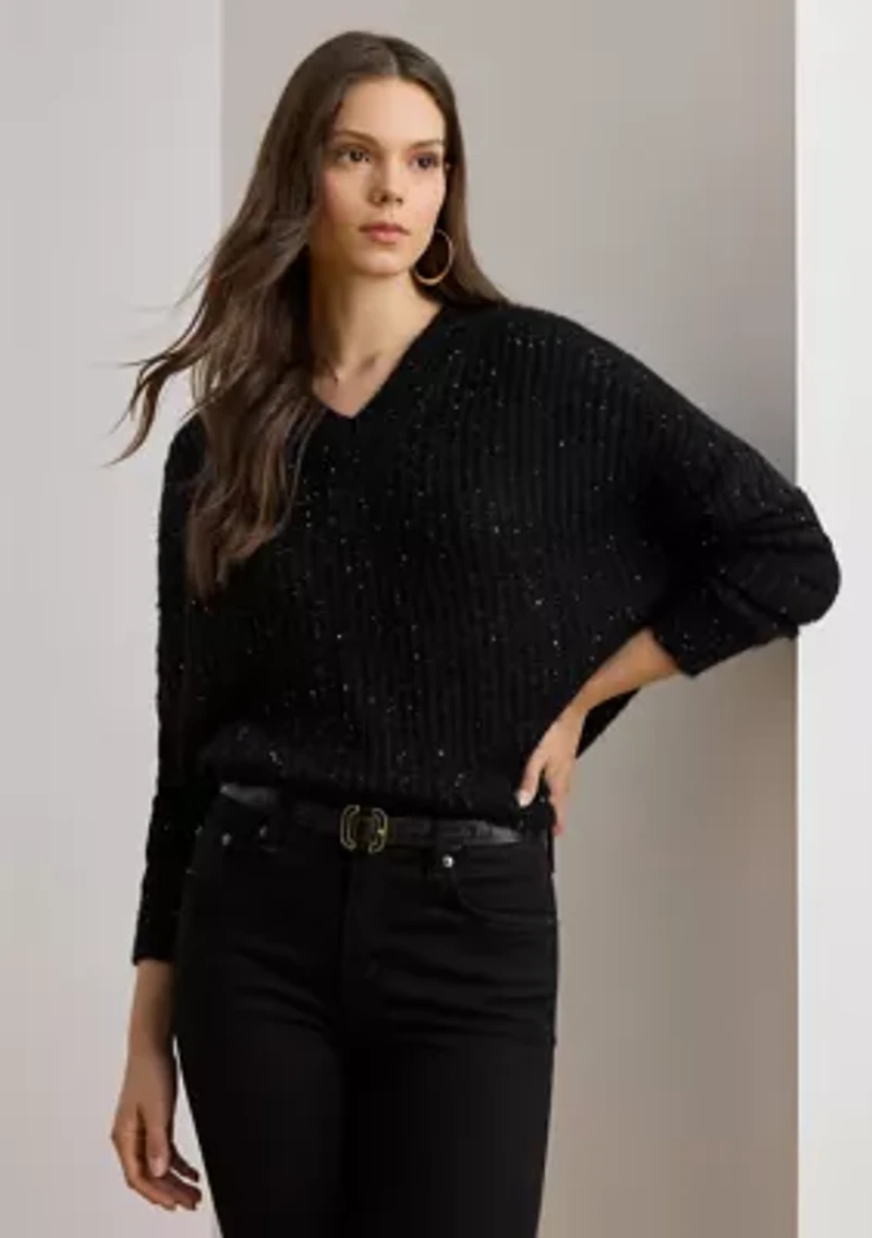 Women's Sequined Rib-Knit V-Neck Sweater
