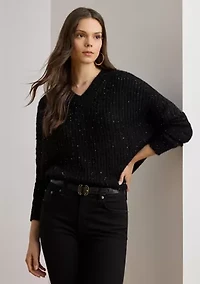 Women's Sequined Rib-Knit V-Neck Sweater